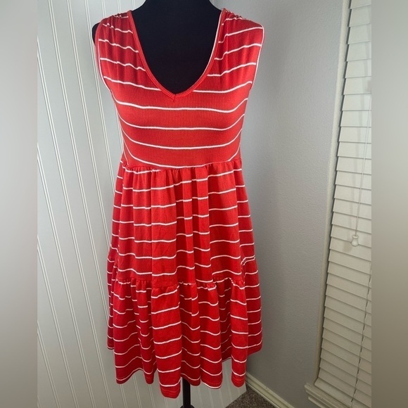 See You Monday Womens Red White Striped Sleeveless Ruffle Mini Dress Size Small - Picture 2 of 5